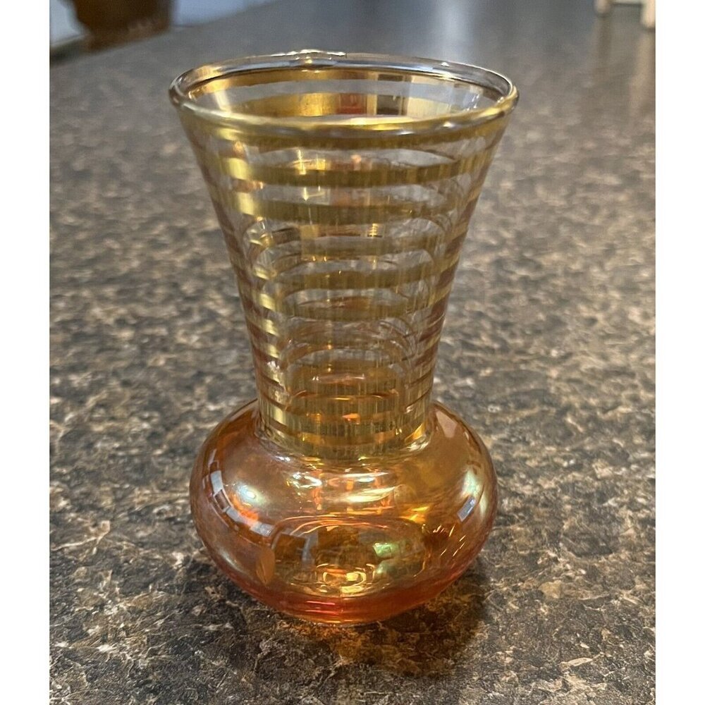 Vintage Carnival Glass Bud Vase 4" Gold with Stripes